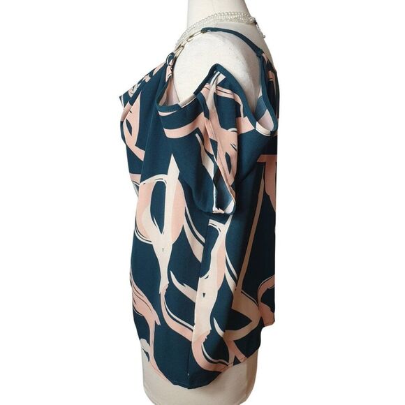 Emery Rose Womens Cold Shoulder Blouse L Gold Hooks Abstract Green & Peach Luxe - Picture 3 of 8